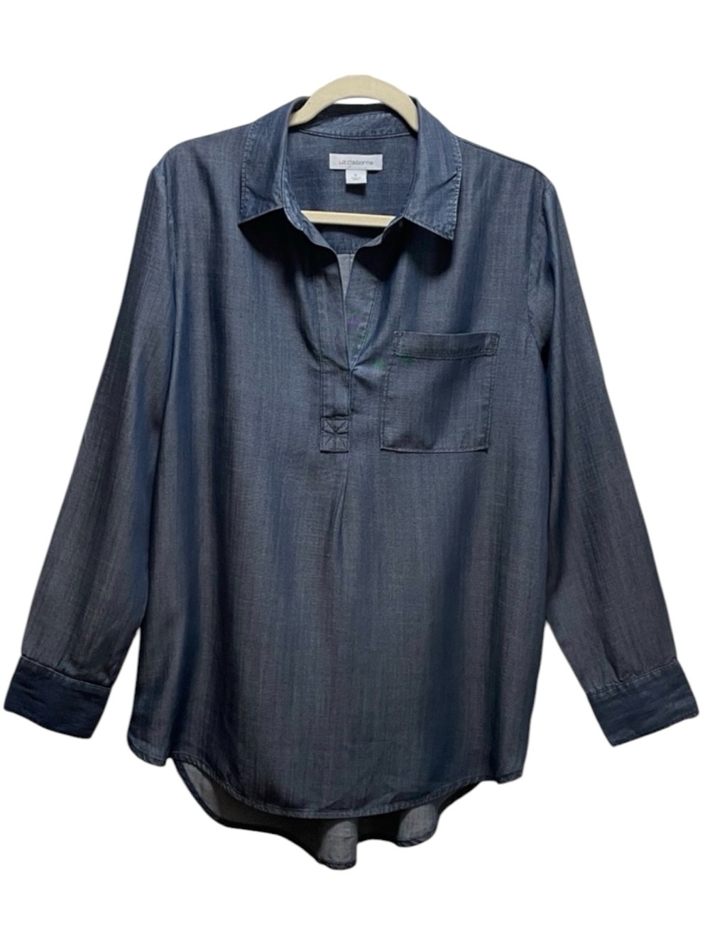 Liz Claiborne Blue Chambray Long-sleeve Open Neck Popover Tunic Top S NWT